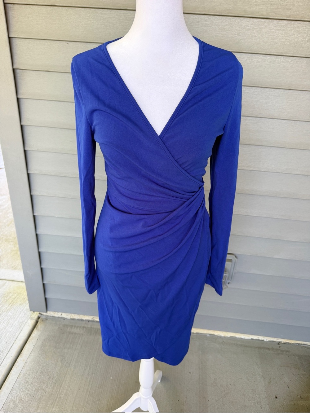 NWOT Small Royal Blue V-Neck Long Sleeve Ruched Wrap Dress Work Party Cocktail